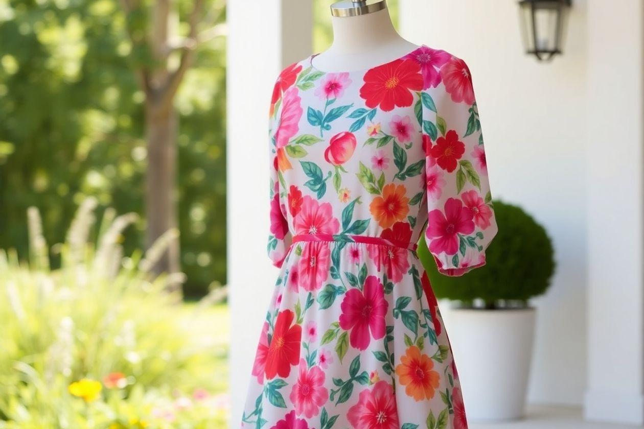 Floral dress with sleeves in an elegant outdoor setting.