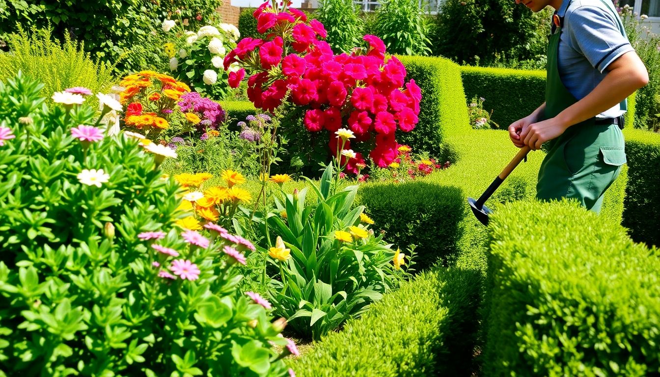 Gardener working in a colourful, well-maintained garden.