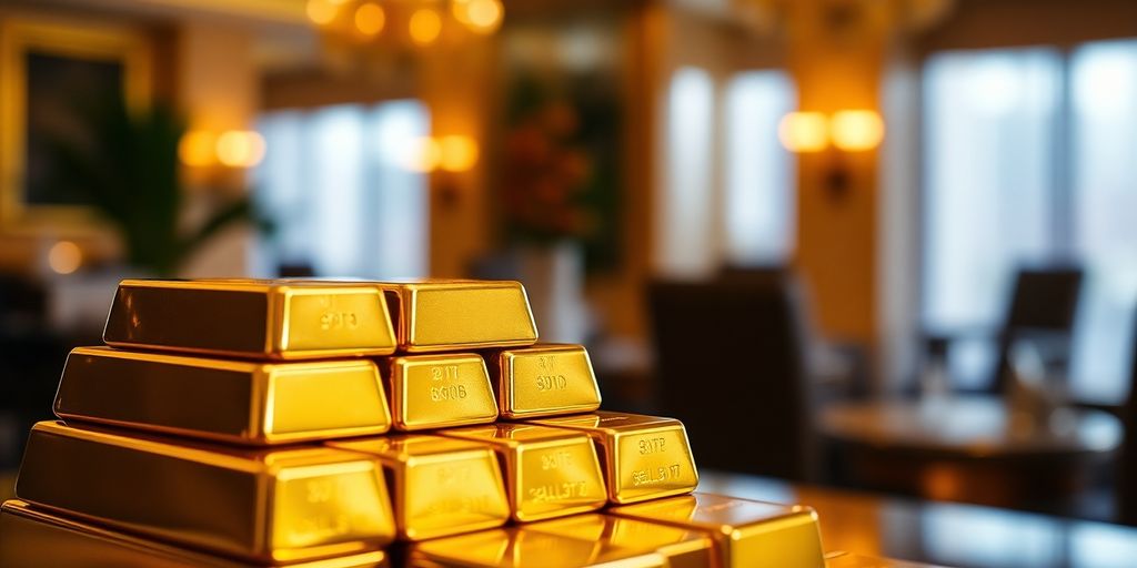 Barres d'or empilées sur un fond flou.