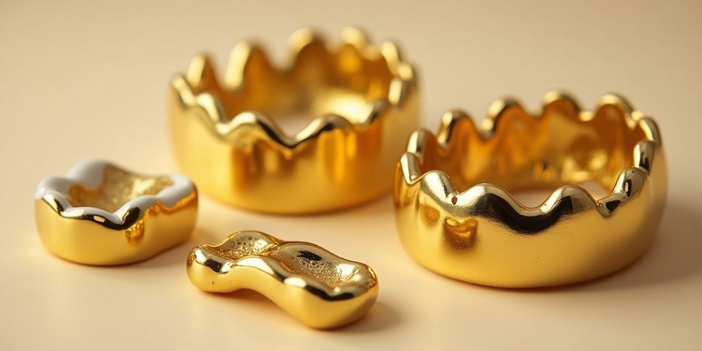 Objets en or dentaire brillants sur fond neutre.