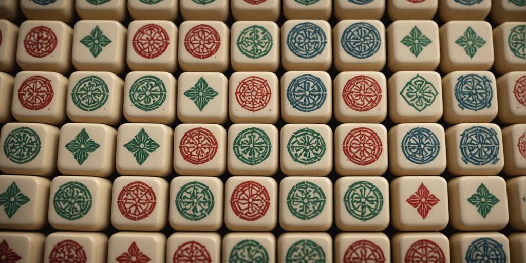 Vintage mahjong tiles with intricate designs.