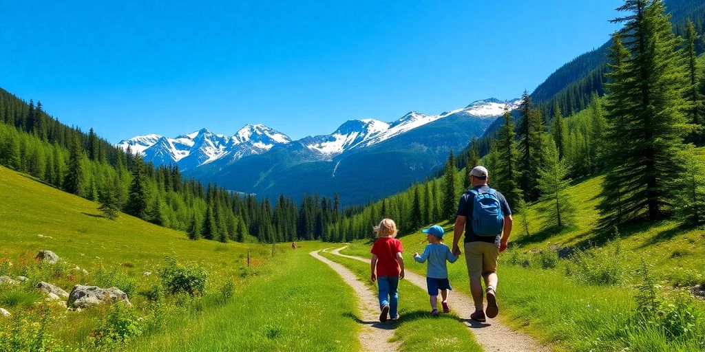 A family with children hiking on a Girdwood mountain trail.