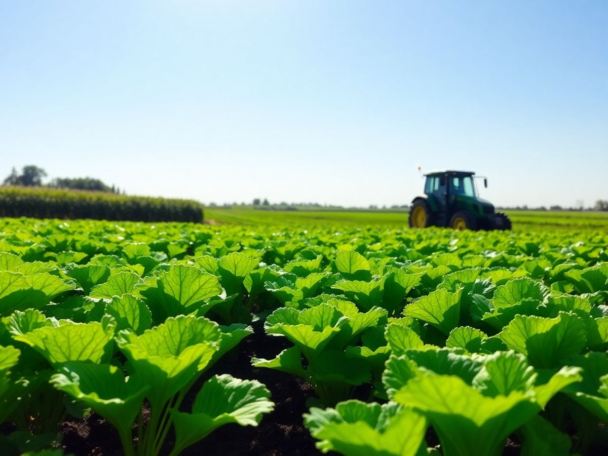 Câmpuri verzi cu legume proaspete și un tractor.