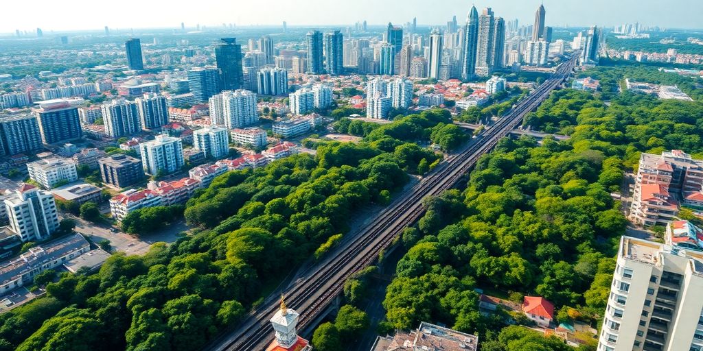 Aerial view of Bangkok skyline with BTS train lines.