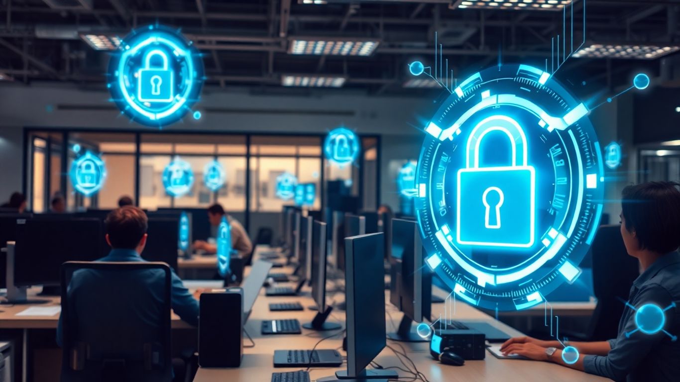 Office workers with digital locks and holographic shields
