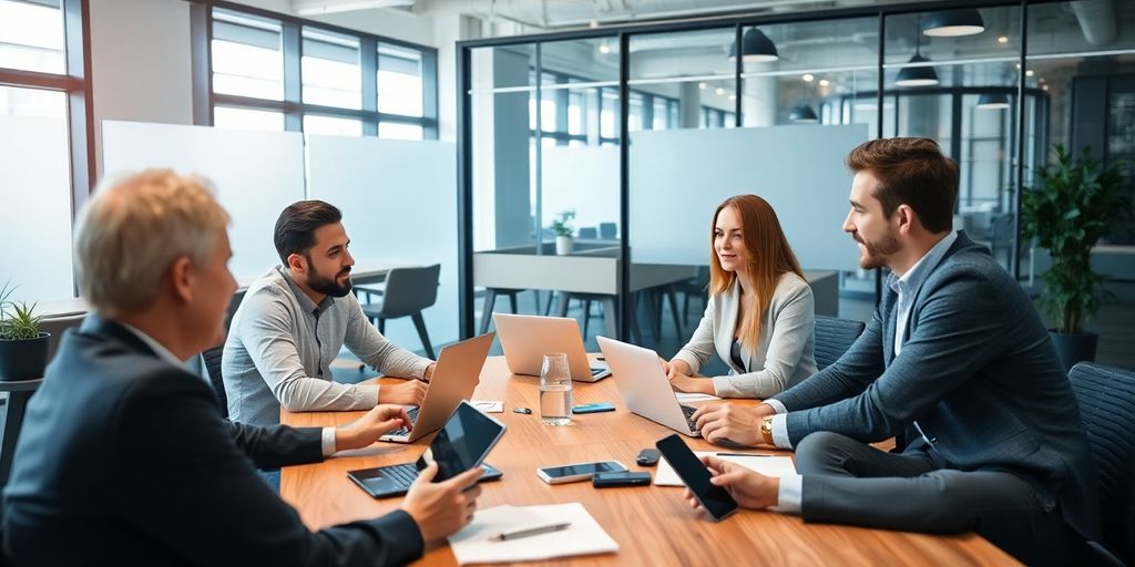 Entrepreneurs collaborating with technology in a modern office.