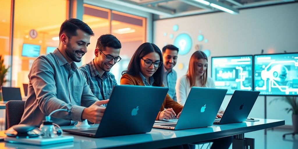 Diverse team collaborating with LLM machine learning technology.