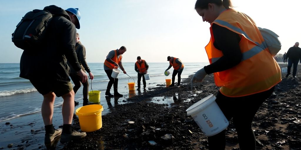 Volunteers cleaning oil from the Black Sea shoreline.