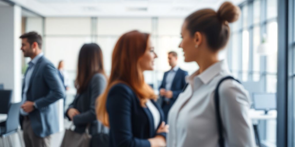 Modern office with professionals in motion.