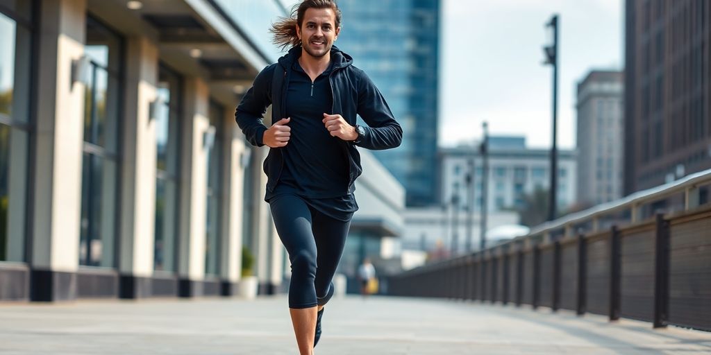 Private investigator jogging in urban setting, emphasizing fitness.
