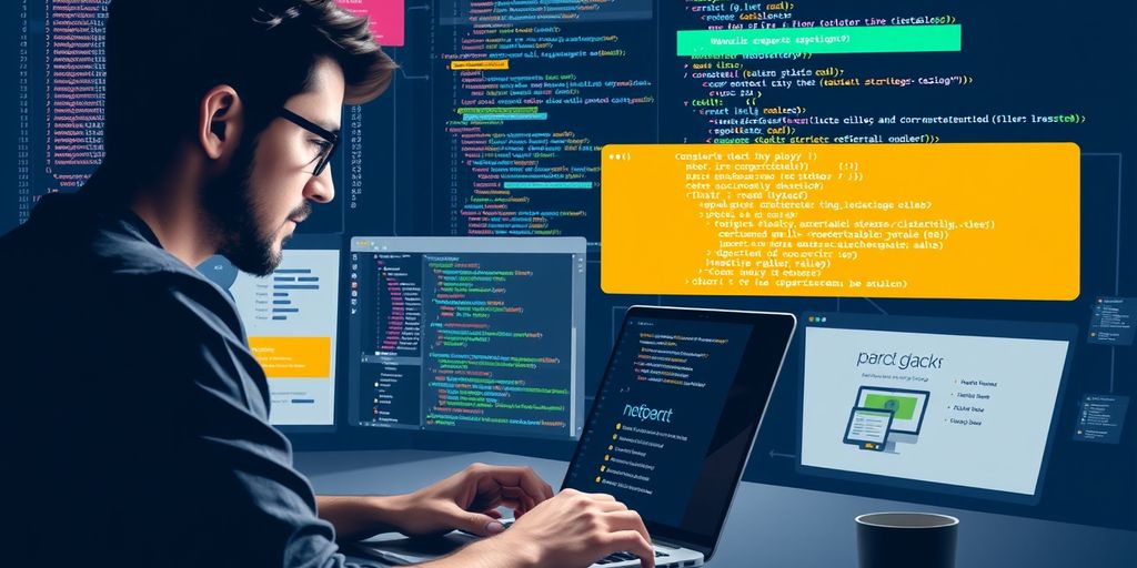 Front-end developer at work with laptop and design elements.