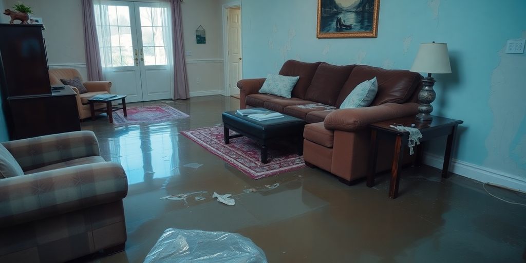 Water-damaged living room after a flood incident.