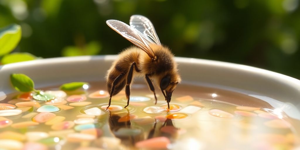 Nahaufnahme Biene trinkt Wasser auf Stein.