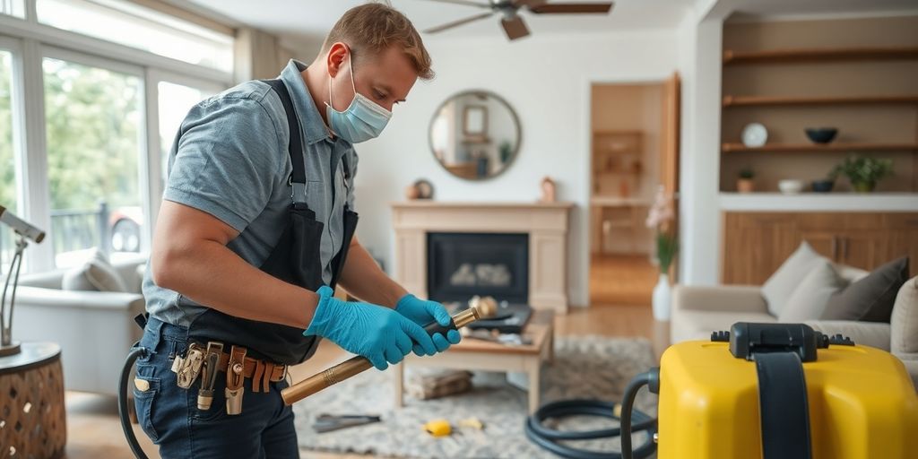 Technician inspecting water damage in a modern living room.