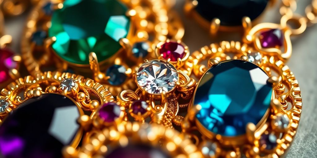 Bijoux en or et pierres précieuses en gros plan.