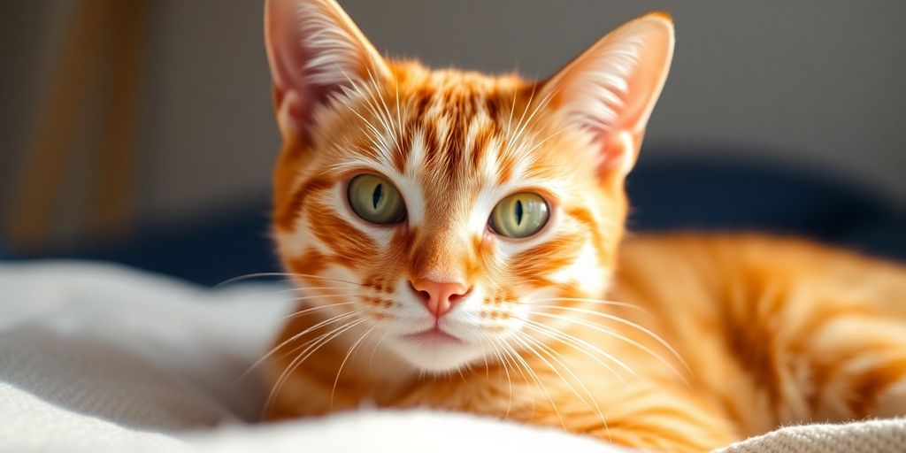 Orange tabby cat with green eyes on a comfy blanket.