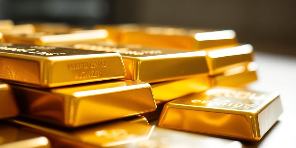 Lingots d'or brillants empilés sur une surface élégante.