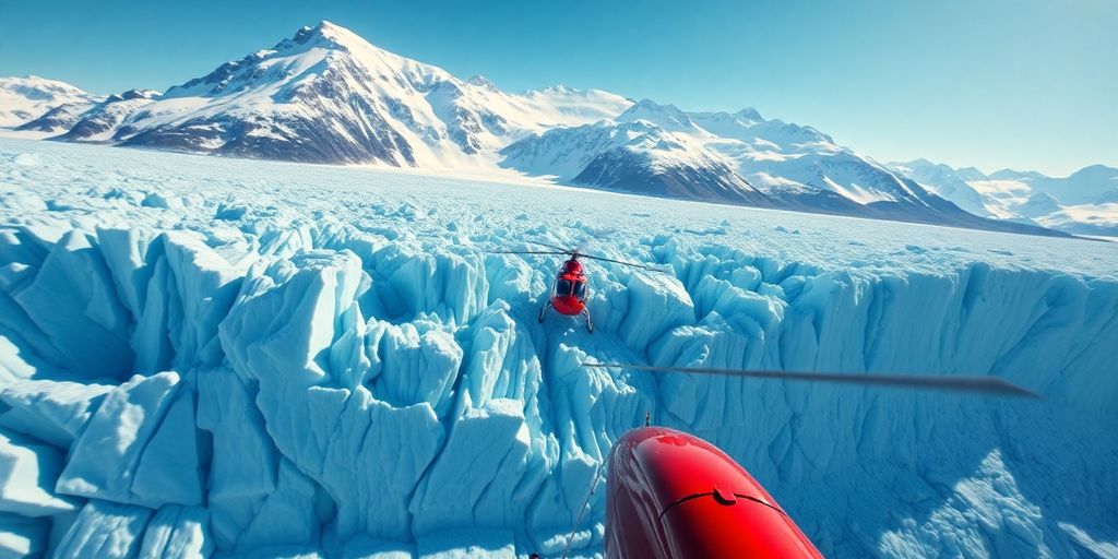 A red helicopter flies above a vast Alaskan blue glacier.