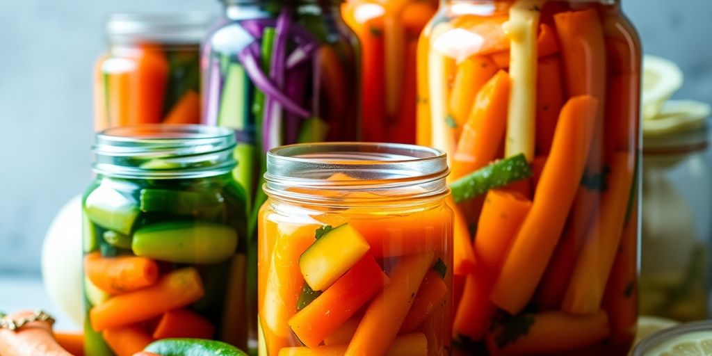 Fermenterte grønnsaker i fargerike glasskrukker.