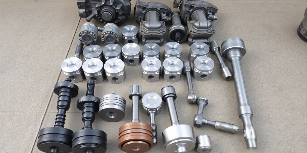 Skoda car engine parts laid out on a clean workshop floor.