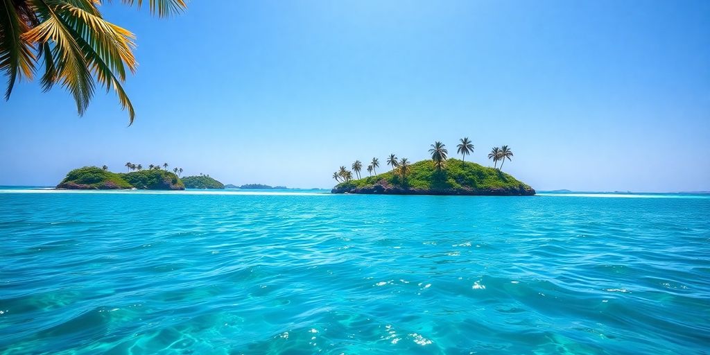 Tropical islands, palm trees, turquoise water, serene lagoon.
