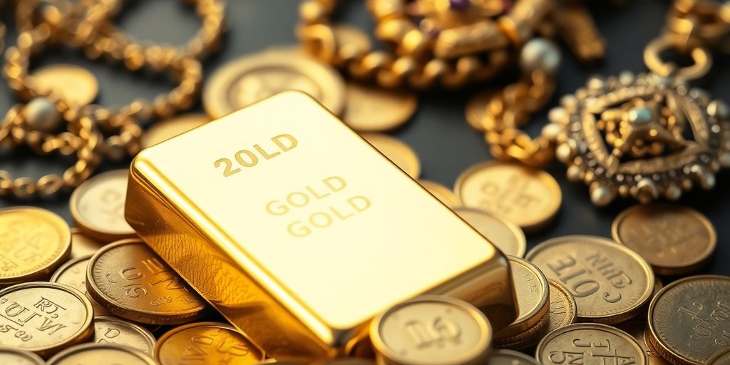Lingot d'or sur des pièces brillantes.
