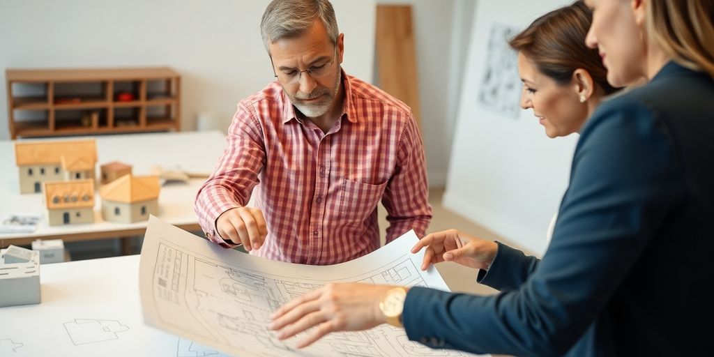 Architect reviewing blueprints with client.
