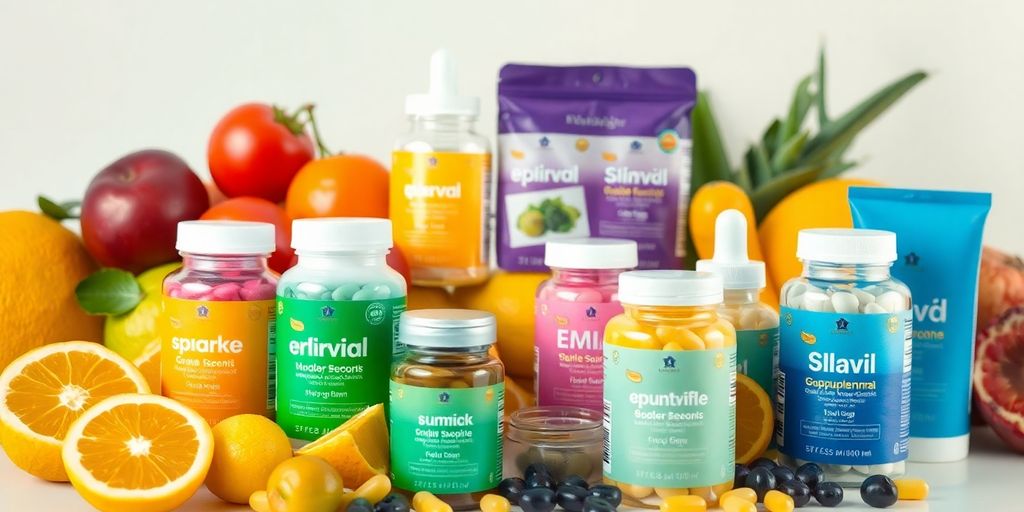 Colorful food supplements and skin care products arrangement.