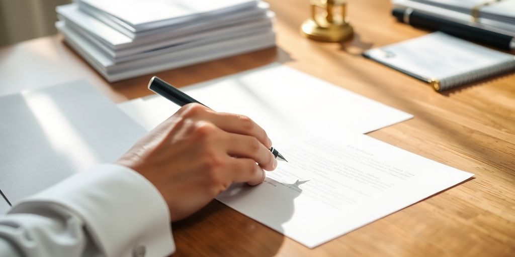 Hands writing a letter at a desk with gold paperweight