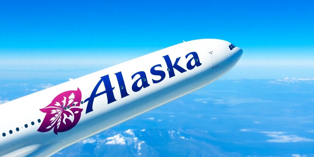 Alaska Airlines jet with logo soaring in blue sky.
