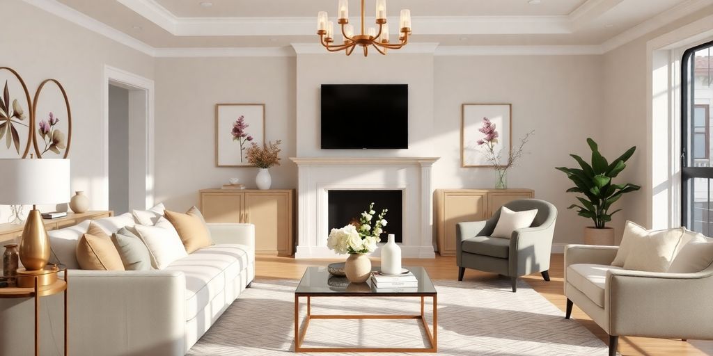 Stylish living room with Magnolia decor in neutral tones.