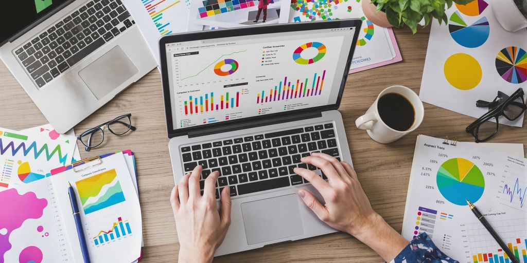 Vibrant workspace with laptop and colorful charts.