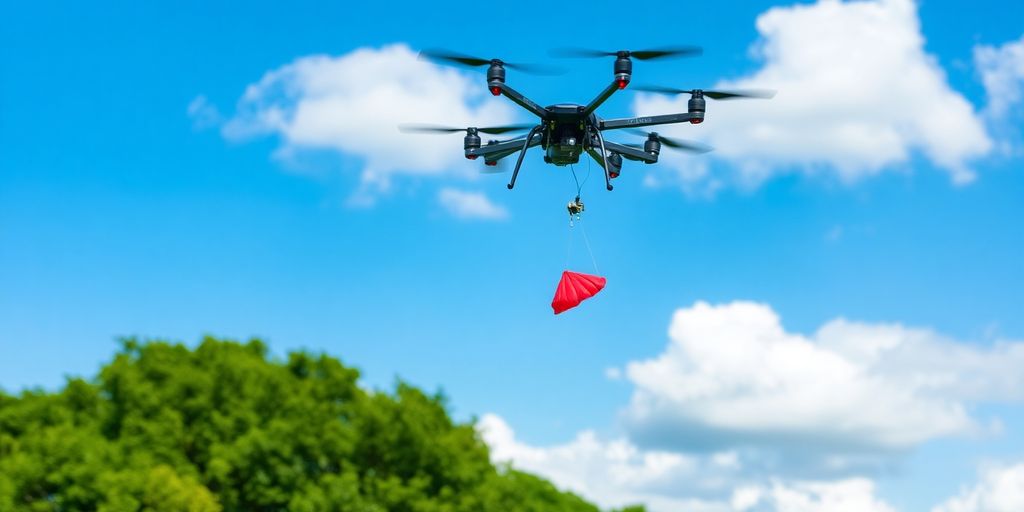 Drone avec système de récupération par parachute en vol.