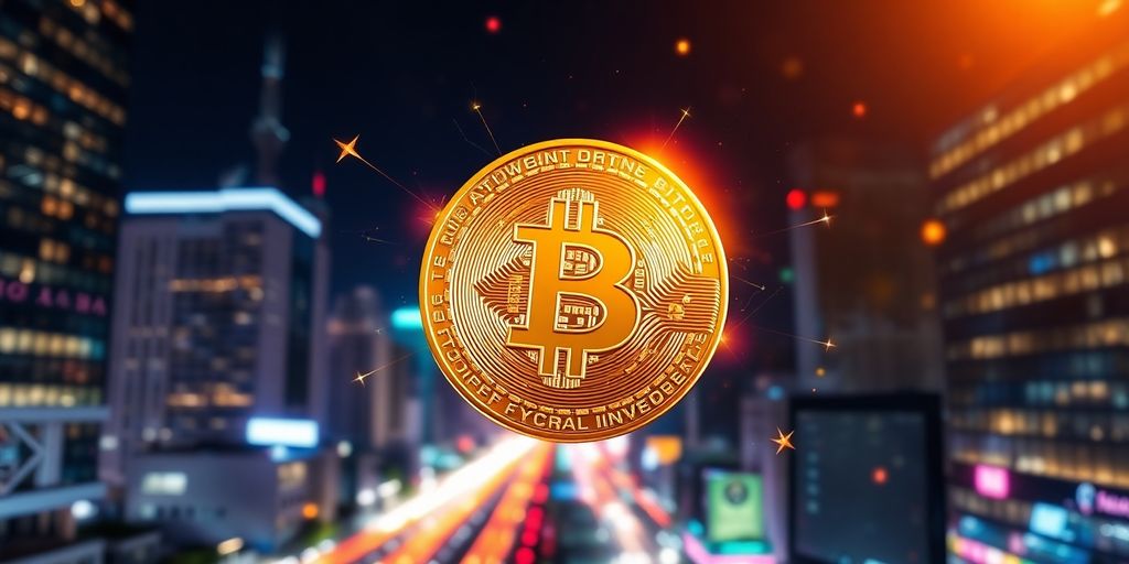 Best Bitcoin ETF of 2025, Your Can Save For This Year 4 Close-up of a Bitcoin with a vibrant city background.
