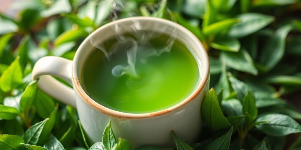 Steaming cup of green tea with fresh leaves.
