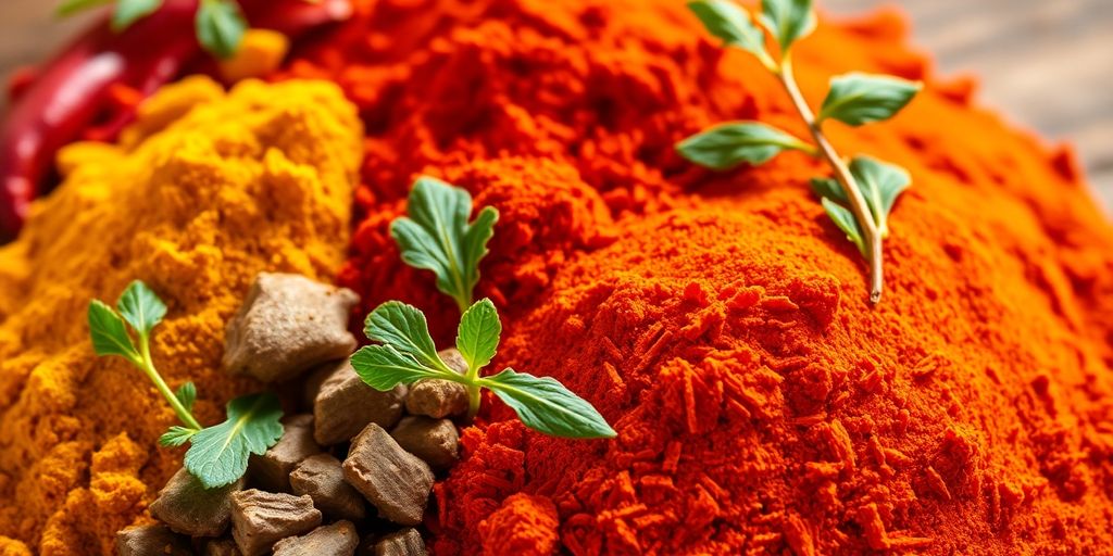 Vibrant spices with fresh herbs and natural ingredients.