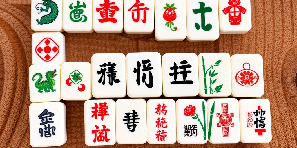 Colorful Mahjong tiles with various symbols on a table.