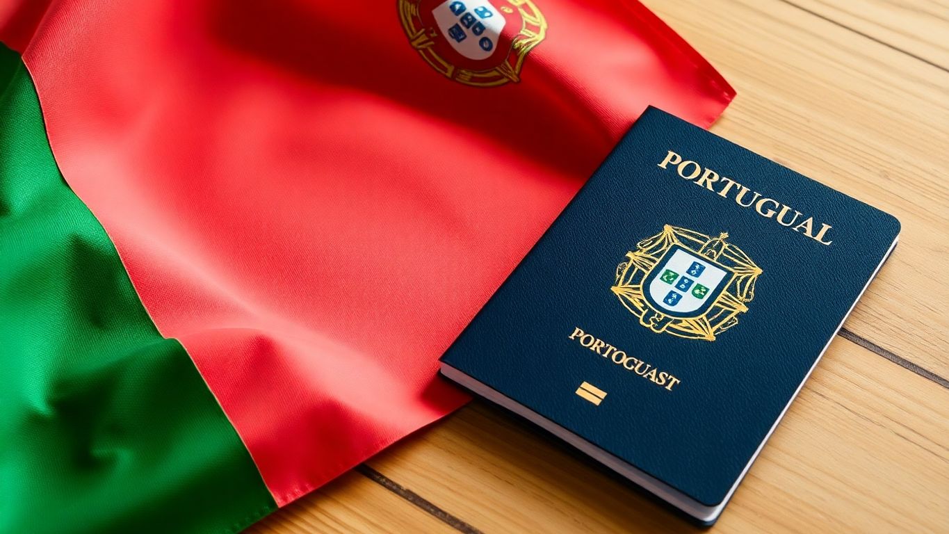 Bandeira portuguesa e passaporte com vista aérea.