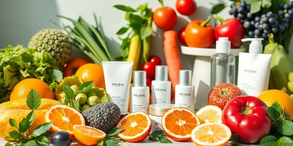 Fresh fruits, vegetables, and skincare products in bright light.