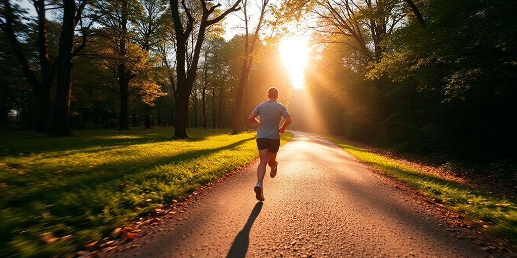Person energetically jogging outdoors with sunrise in background.