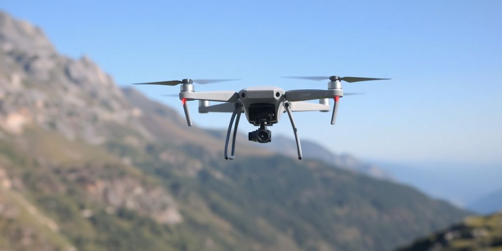 Drone volant au-dessus d'une zone montagneuse.