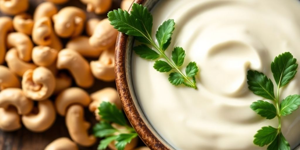 Bowl of creamy cashew cream with raw cashews.