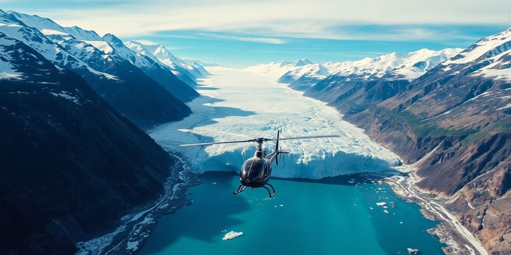 A helicopter flies over a majestic Alaskan glacier and mountains.