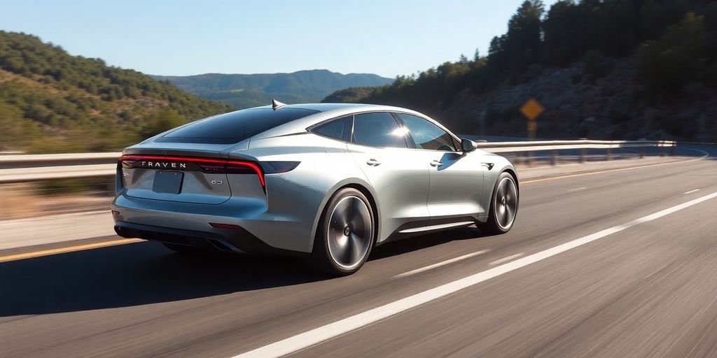 Futuristic hydrogen car driving on a road.