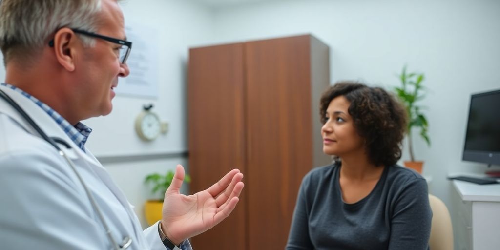 Symptome und Symptome und Diagnose der Schleimbeutelentzündung: Patient und Arzt in einer hellen Arztpraxis.