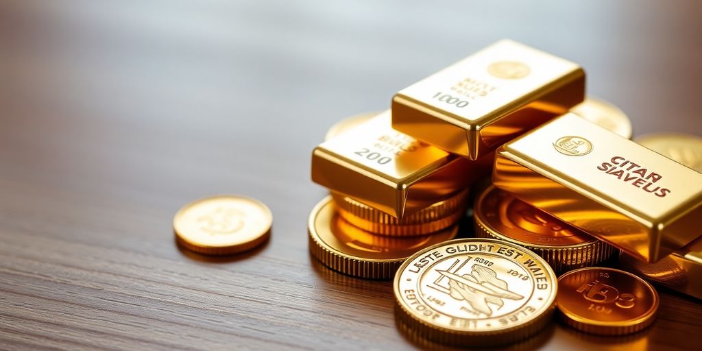 Des pièces et barres d'or sur une surface en bois.