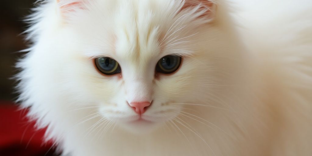 Fluffy white cat with bright blue eyes.
