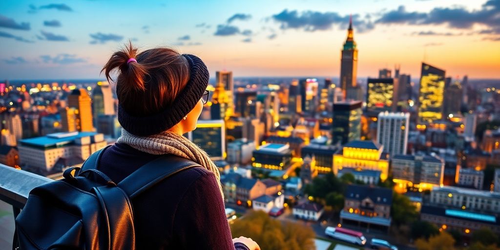 Expat overlooking city skyline, reflecting life abroad.