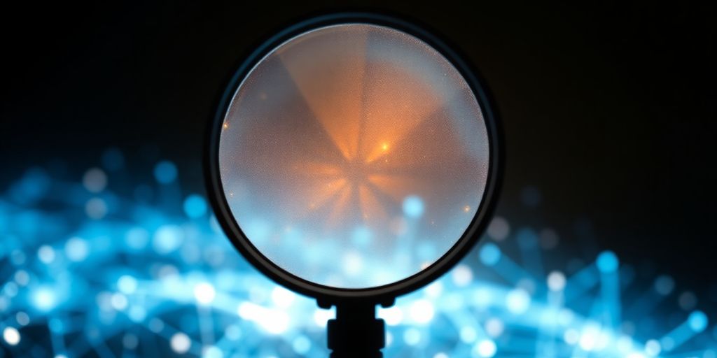 Stylized magnifying glass over glowing digital data.