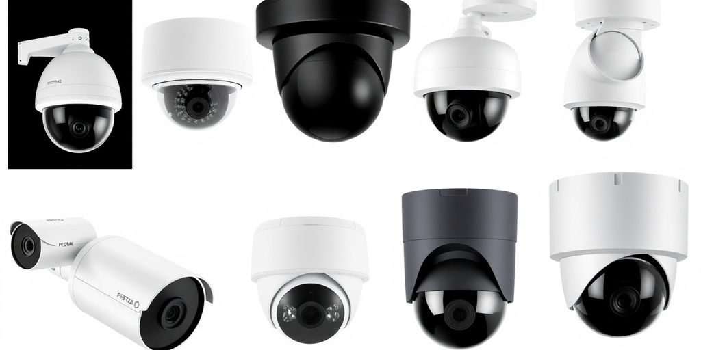 Different types of CCTV cameras on display.